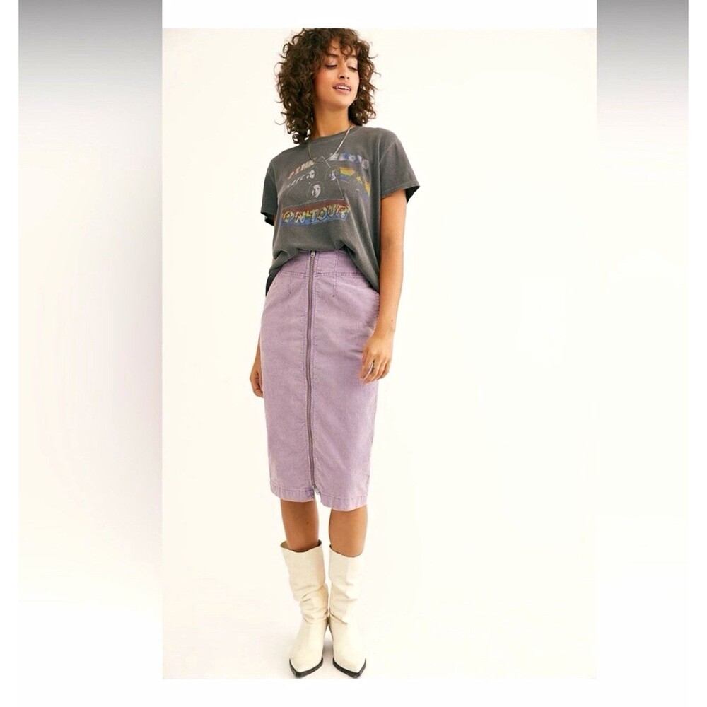 We The Free Purple Cotton Corduroy Zip Front Pencil Midi Skirt Pockets Sz 27